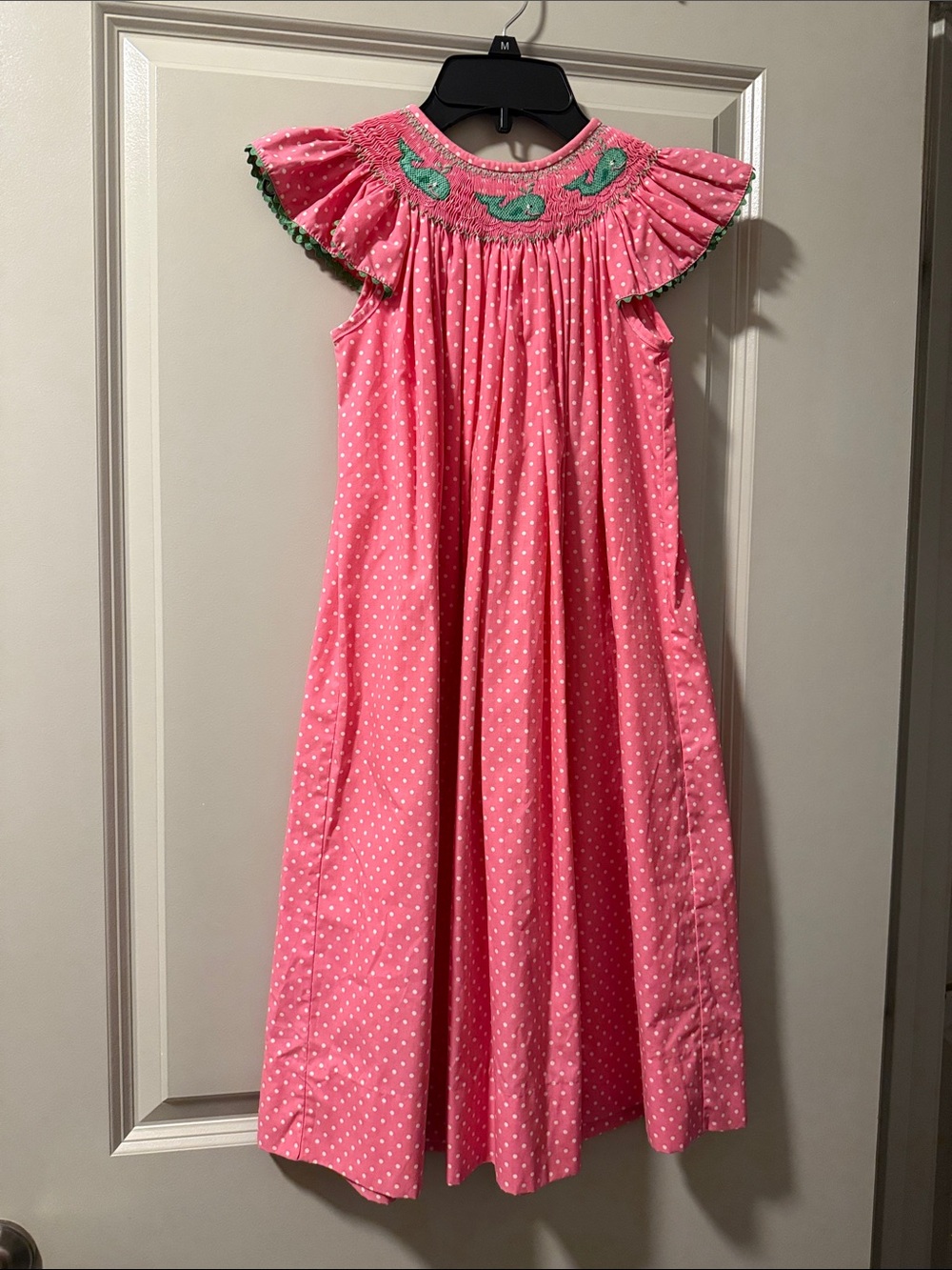 Kelly's Kids Pink Polka Dot Smocked Dress with Green Trim